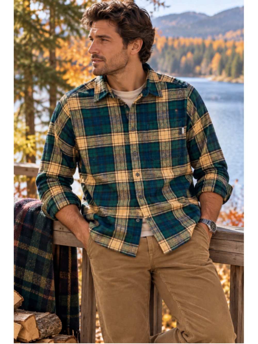 Eddie Bauer Men's Plaid Cotton Flannel Shirt Green Navy Tan L Cabincore